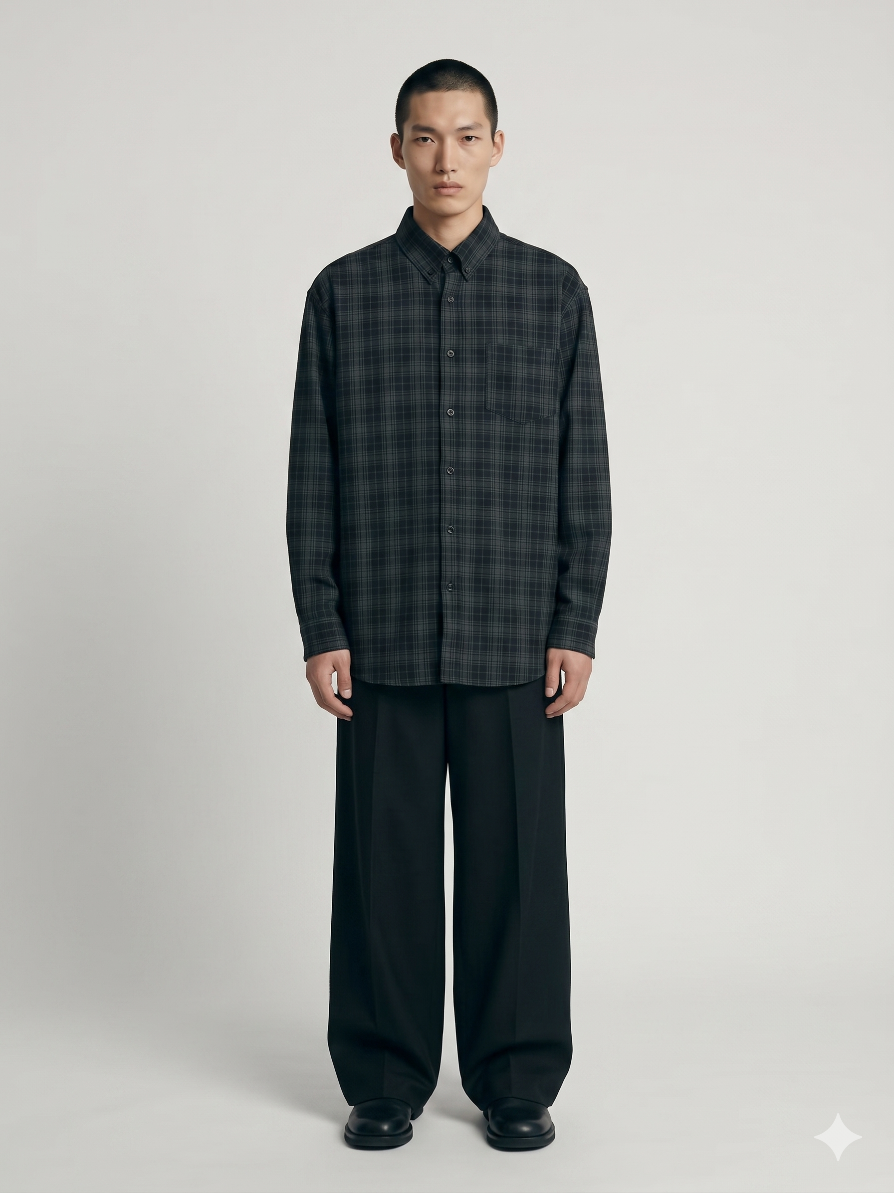 Green Plaid Shirt + Black Dress Pants